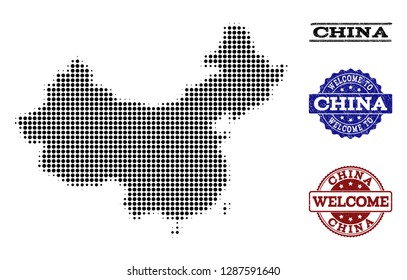Welcome combination of halftone map of China and grunge seals. Halftone map of China designed with black round dots. Vector greeting seals with unclean rubber texture in blue and red colors.