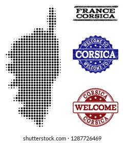 Welcome combination of halftone map of Corsica and rubber stamps. Halftone map of Corsica designed with black round points.