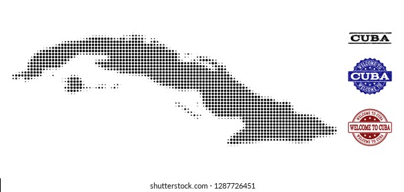 Welcome combination of halftone map of Cuba and rubber seals. Halftone map of Cuba designed with black round points. Vector greeting imprints with scratched rubber texture in blue and red colors.