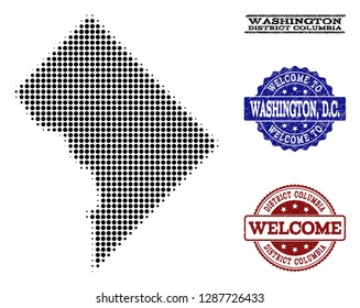 Welcome combination of halftone map of District Columbia and corroded seal stamps. Halftone map of District Columbia designed with black round pixels.