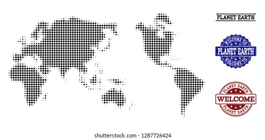 Welcome combination of halftone map of Earth and rubber watermarks. Halftone map of Earth designed with black circle points. Vector greeting seals with unclean rubber texture in blue and red colors.