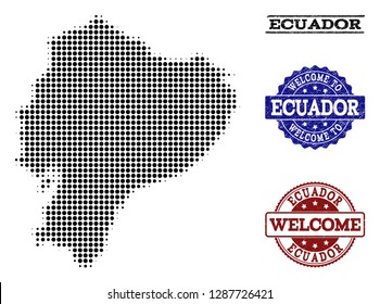 Welcome combination of halftone map of Ecuador and corroded seals. Halftone map of Ecuador designed with black round points.