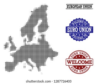 Welcome combination of halftone map of Euro Union and rubber watermarks. Halftone map of Euro Union designed with black spheric pixels.