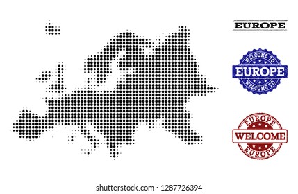 Welcome combination of halftone map of Europe and rubber seals. Halftone map of Europe constructed with black round points. Vector greeting seals with grunge rubber texture in blue and red colors.