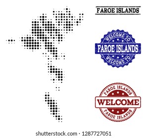 Welcome combination of halftone map of Faroe Islands and scratched seals. Halftone map of Faroe Islands constructed with black round items.