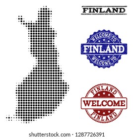 Welcome combination of halftone map of Finland and grunge watermarks. Halftone map of Finland designed with black round pixels.