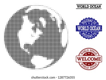 Welcome combination of halftone map of global ocean and rubber seals. Halftone map of global ocean designed with black round pixels.