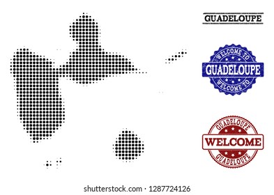 Bienvenidos a la combinación del mapa de media tonalidad de Guadalupe y las focas grunges. Mapa de media tonalidad de Guadalupe diseñado con píxeles esféricos negros.