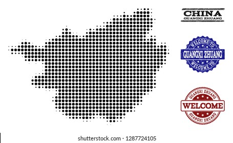 Welcome combination of halftone map of Guangxi Zhuang Region and textured seals. Halftone map of Guangxi Zhuang Region designed with black round pixels.