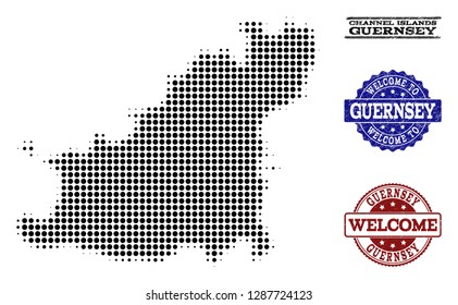 Welcome combination of halftone map of Guernsey Island and rubber watermarks. Halftone map of Guernsey Island designed with black round pixels.