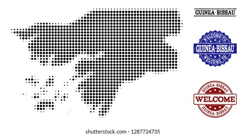 Welcome combination of halftone map of Guinea-Bissau and rubber watermarks. Halftone map of Guinea-Bissau constructed with black round elements.