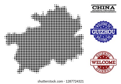 Welcome combination of halftone map of Guizhou Province and scratched stamps. Halftone map of Guizhou Province constructed with black round items.