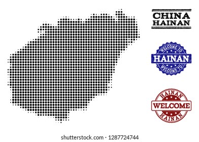 Welcome combination of halftone map of Hainan Island and rubber stamps. Halftone map of Hainan Island constructed with black round elements.