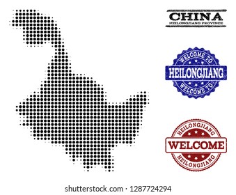 Welcome combination of halftone map of Heilongjiang Province and grunge seals. Halftone map of Heilongjiang Province constructed with black spheric pixels.