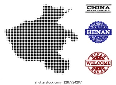 Welcome combination of halftone map of Henan Province and rubber watermarks. Halftone map of Henan Province constructed with black circle items.