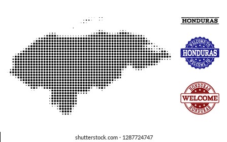 Welcome combination of halftone map of Honduras and rubber seals. Halftone map of Honduras constructed with black round points. Vector greeting seals with retro rubber texture in blue and red colors.
