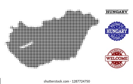 Welcome combination of halftone map of Hungary and corroded seals. Halftone map of Hungary constructed with black spheric points.