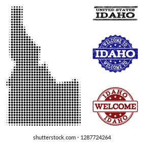 Welcome combination of halftone map of Idaho State and unclean seals. Halftone map of Idaho State constructed with black round dots.