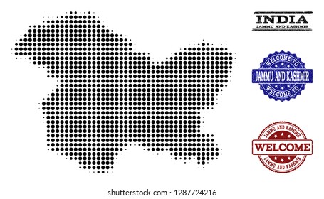 Welcome combination of halftone map of Jammu and Kashmir State and unclean seals. Halftone map of Jammu and Kashmir State constructed with black circle elements.