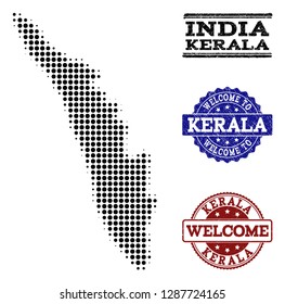 Welcome combination of halftone map of Kerala State and corroded watermarks. Halftone map of Kerala State constructed with black spheric pixels.