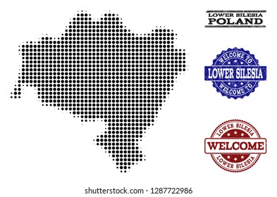 Welcome combination of halftone map of Lower Silesia Province and grunge seal stamps. Halftone map of Lower Silesia Province constructed with black round points.