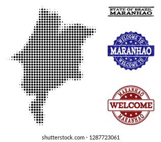 Welcome combination of halftone map of Maranhao State and rubber seals. Halftone map of Maranhao State designed with black round points.
