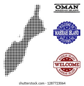Welcome combination of halftone map of Masirah Island and rubber seals. Halftone map of Masirah Island constructed with black round items.