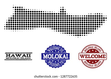 Welcome combination of halftone map of Molokai Island and rubber seals. Halftone map of Molokai Island designed with black round pixels.
