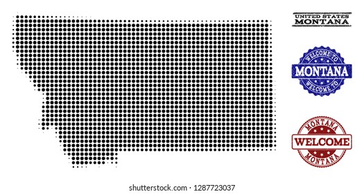 Welcome combination of halftone map of Montana State and rubber seals. Halftone map of Montana State constructed with black round dots.