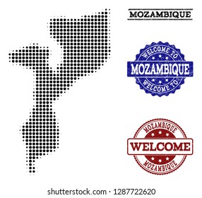 Welcome combination of halftone map of Mozambique and dirty seals. Halftone map of Mozambique constructed with black circle points.