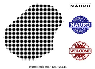 Welcome combination of halftone map of Nauru and grunge seal stamps. Halftone map of Nauru designed with black circle pixels.