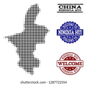 Welcome combination of halftone map of Ningxia Hui Region and rubber stamps. Halftone map of Ningxia Hui Region designed with black round pixels.