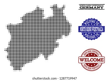 Welcome combination of halftone map of North Rhine-Westphalia State and unclean watermarks. Halftone map of North Rhine-Westphalia State constructed with black spheric points.