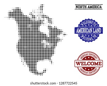 Welcome combination of halftone map of North America and unclean seal stamps. Halftone map of North America designed with black circle items.