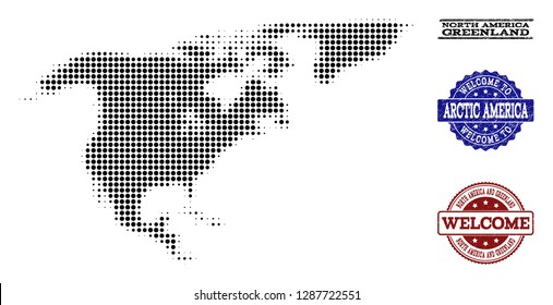 Welcome combination of halftone map of North America and Greenland and rubber watermarks. Halftone map of North America and Greenland constructed with black round items.