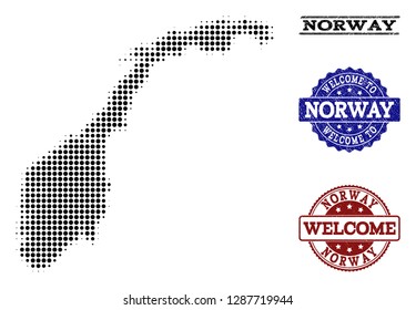 Welcome combination of halftone map of Norway and rubber watermarks. Halftone map of Norway designed with black spheric items.