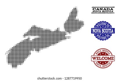 Welcome combination of halftone map of Nova Scotia Province and rubber stamps. Halftone map of Nova Scotia Province designed with black round elements.