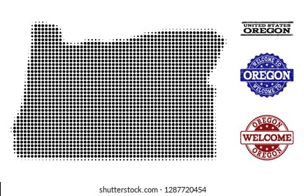 Welcome combination of halftone map of Oregon State and scratched watermarks. Halftone map of Oregon State constructed with black circle pixels.