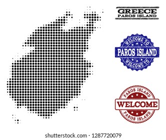 Welcome combination of halftone map of Paros Island and grunge seals. Halftone map of Paros Island constructed with black round points.