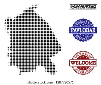 Welcome combination of halftone map of Pavlodar Region and rubber seal stamps. Halftone map of Pavlodar Region constructed with black circle points.