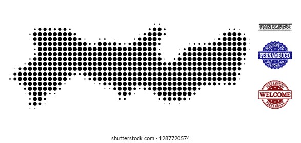 Welcome combination of halftone map of Pernambuco State and rubber stamps. Halftone map of Pernambuco State designed with black spheric dots.