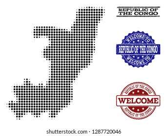 Welcome combination of halftone map of Republic of the Congo and textured seals. Halftone map of Republic of the Congo constructed with black circle elements.