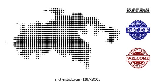 Welcome combination of halftone map of Saint John Island and dirty seals. Halftone map of Saint John Island constructed with black round points.