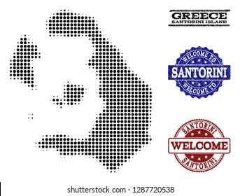 Welcome combination of halftone map of Santorini Island and textured seals. Halftone map of Santorini Island constructed with black circle items.