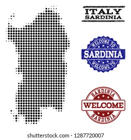 Welcome combination of halftone map of Sardinia region and grunge seal stamps. Halftone map of Sardinia region designed with black round dots.