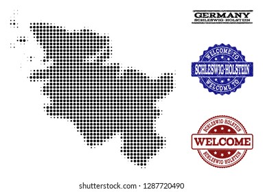 Welcome combination of halftone map of Schleswig-Holstein State and rubber seals. Halftone map of Schleswig-Holstein State constructed with black spheric points.