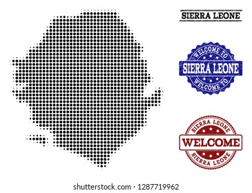 Welcome combination of halftone map of Sierra Leone and textured seals. Halftone map of Sierra Leone designed with black circle dots.
