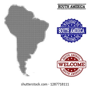 Welcome combination of halftone map of South America and scratched seals. Halftone map of South America constructed with black spheric pixels.