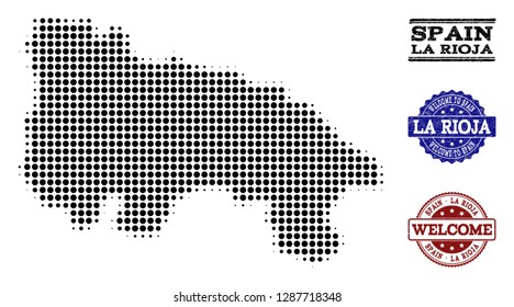 Welcome combination of halftone map of Spain - La Rioja and corroded seals. Halftone map of Spain - La Rioja designed with black spheric elements.