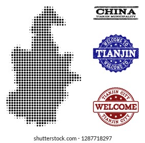 Welcome combination of halftone map of Tianjin Municipality and rubber stamps. Halftone map of Tianjin Municipality designed with black circle dots.